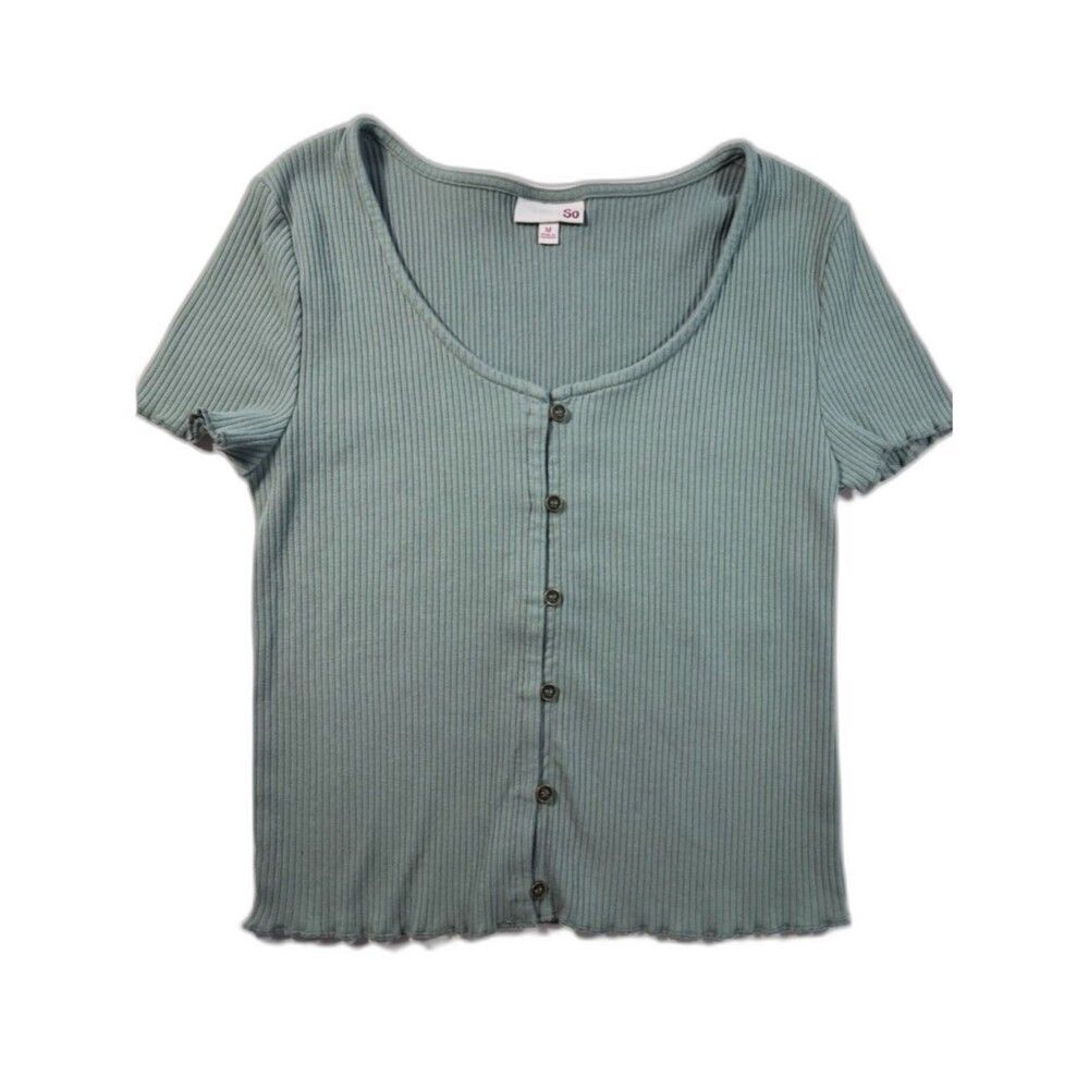 So Ribbed Baby Tee- Button-Front Scoop Neck in Sage Green - Picture 2 of 5